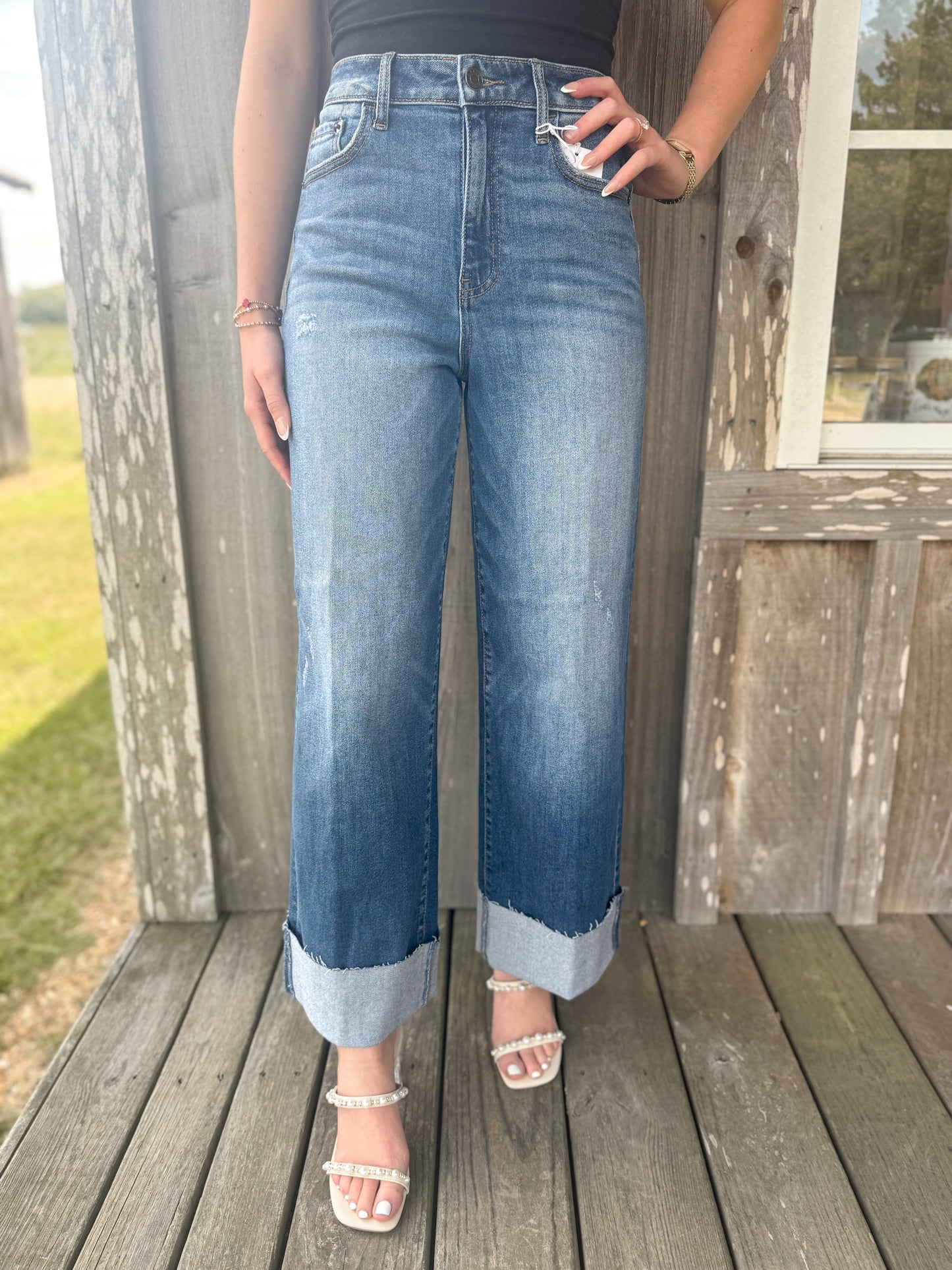 Cello Jeans Medium Wash High Rise Crop Wide Leg With Cuff Jeans Cello Jeans