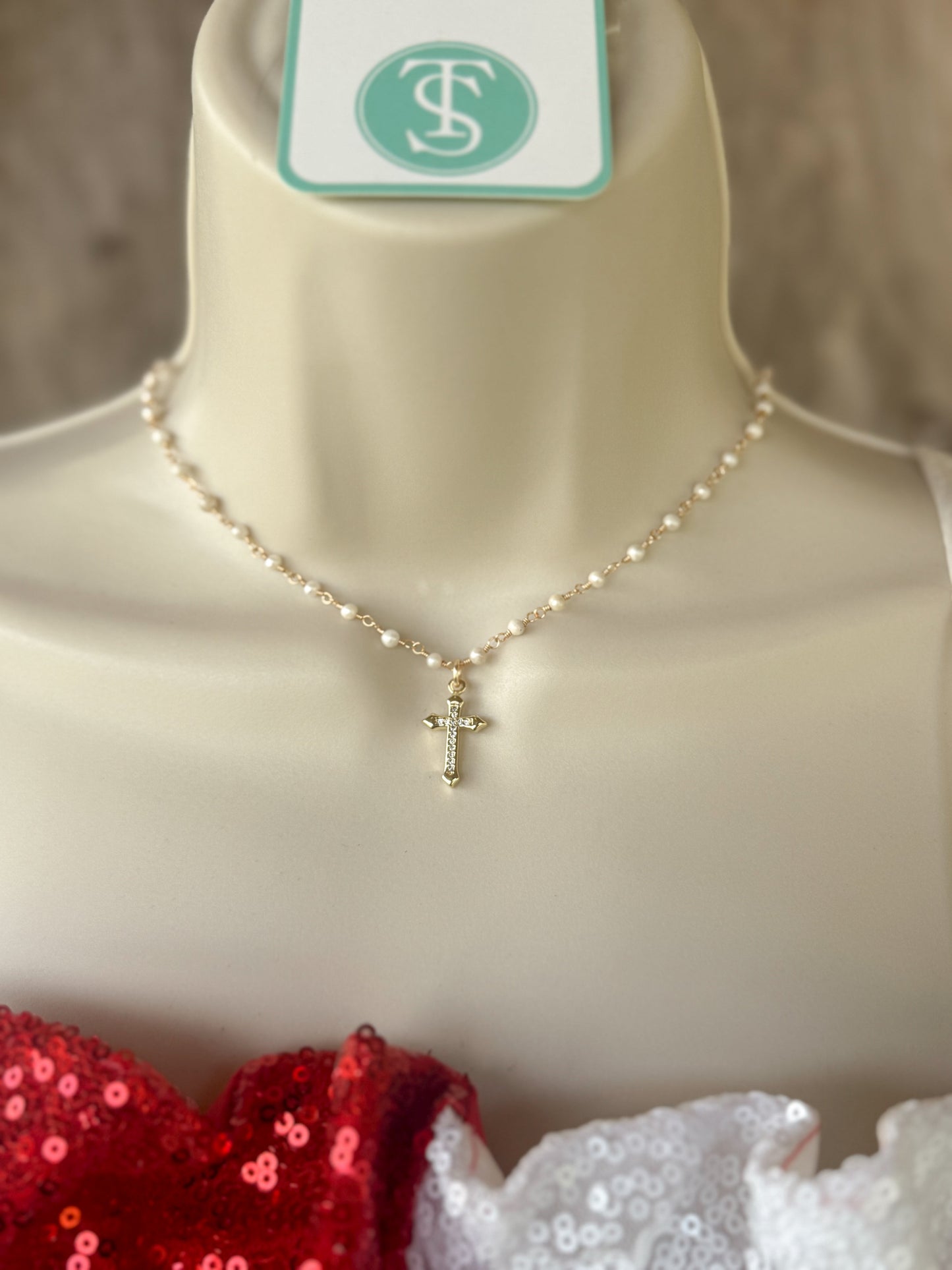 Taylor Shaye Jacee Pearl Cross Necklace Taylor Shaye Designs