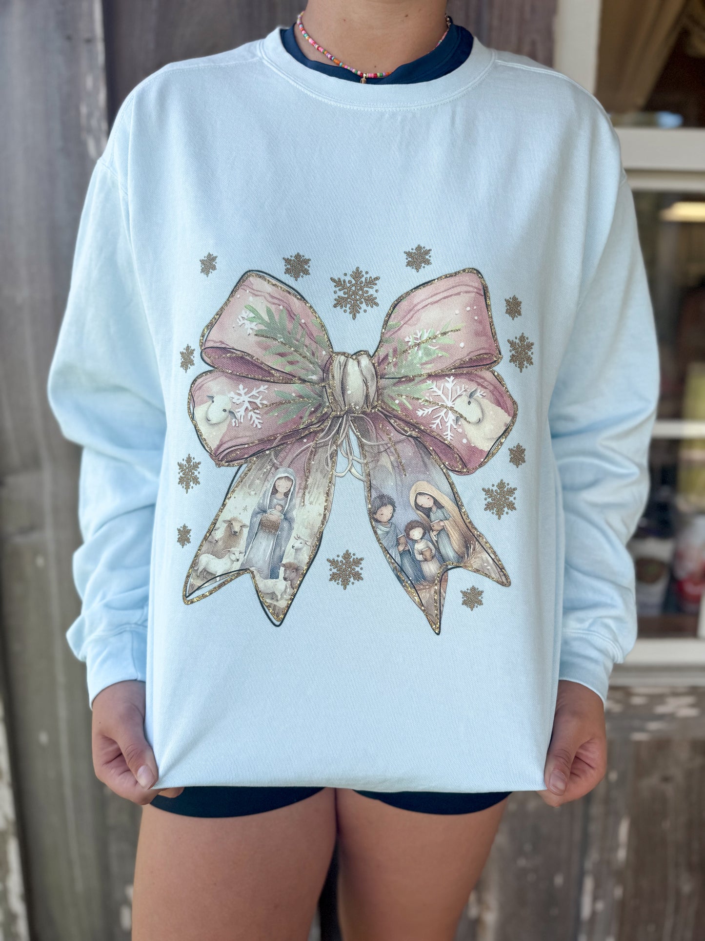 Christmas Bow Birth of Jesus Sweatshirt SOUTHERN SUNDROP BOUTIQUE