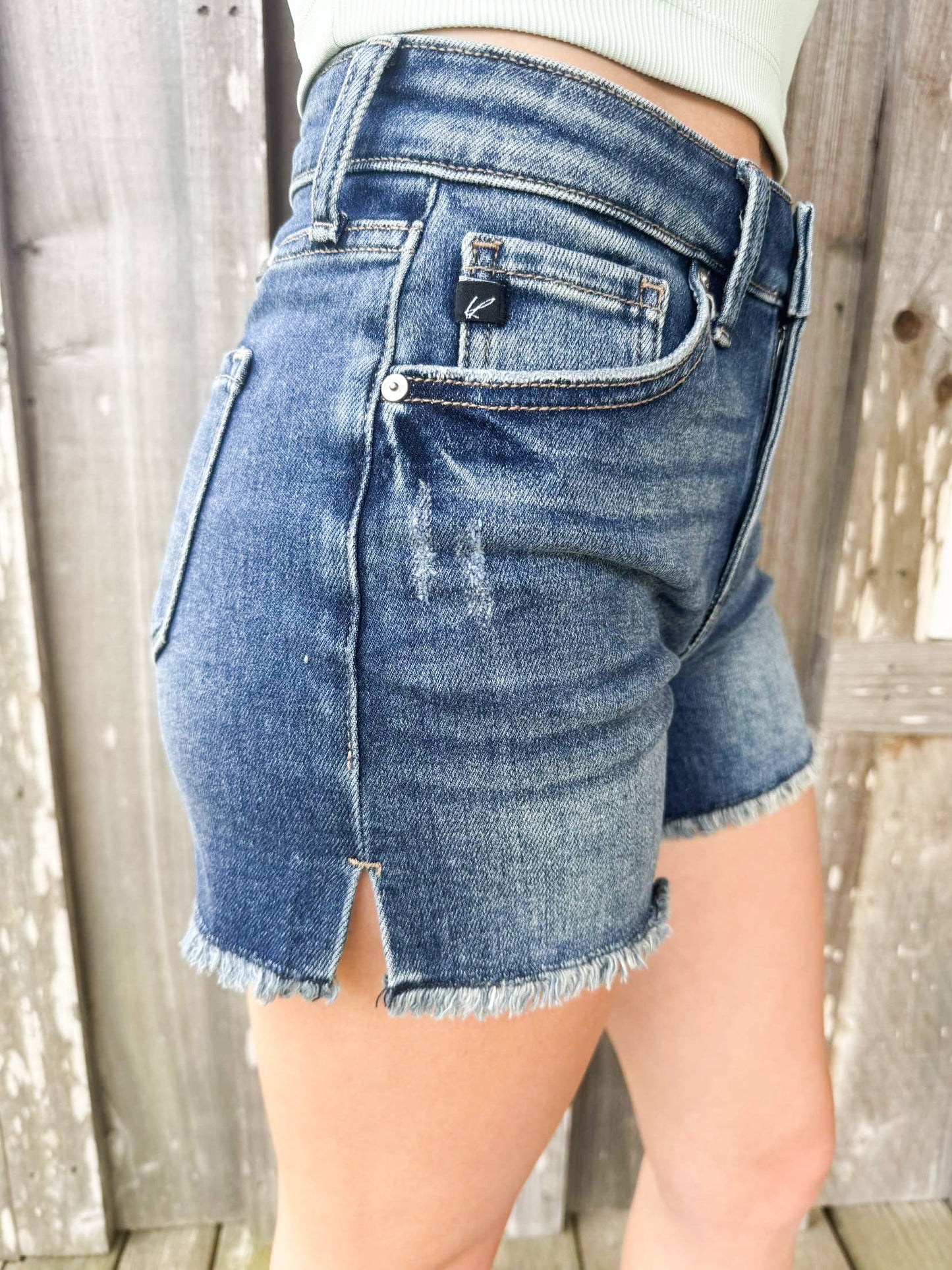 Kan Can DARK HIGH RISE FRAYED HEM DENIM SHORTS Kan Can USA