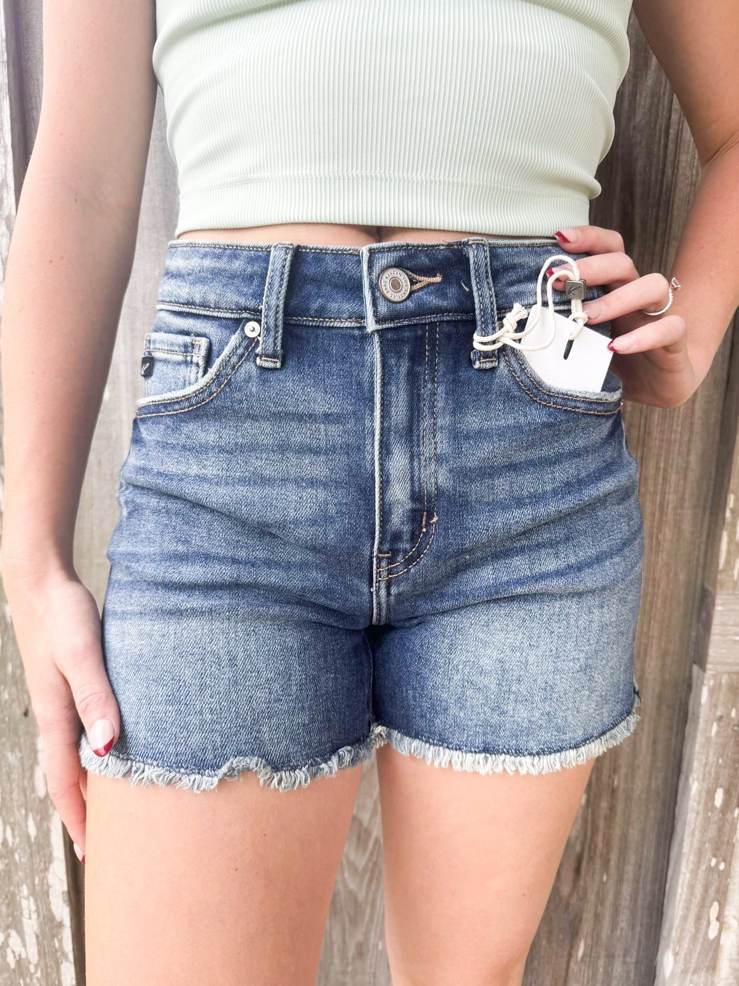 Kan Can DARK HIGH RISE FRAYED HEM DENIM SHORTS Kan Can USA