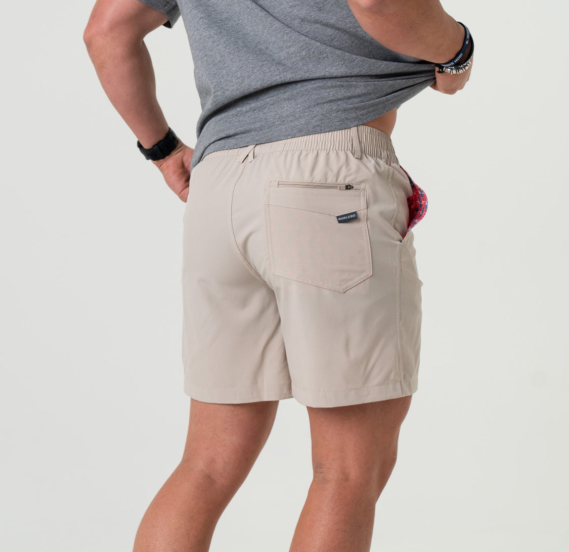BURLEBO LIGHT KHAKI - AMERICAN FLAG POCKET EVERYDAY SHORTS (7" INSEAM) BURLEBO
