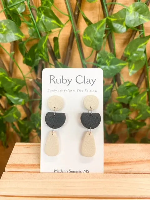 Ruby Clay Lightweight Handcrafted Beige & Black Dangle Earrings