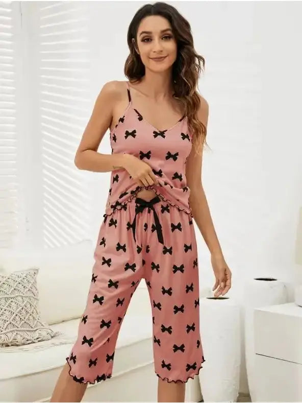 Bow and Ribbon Pajama Tank Top And Cropped Pants Set Miss Sparkling