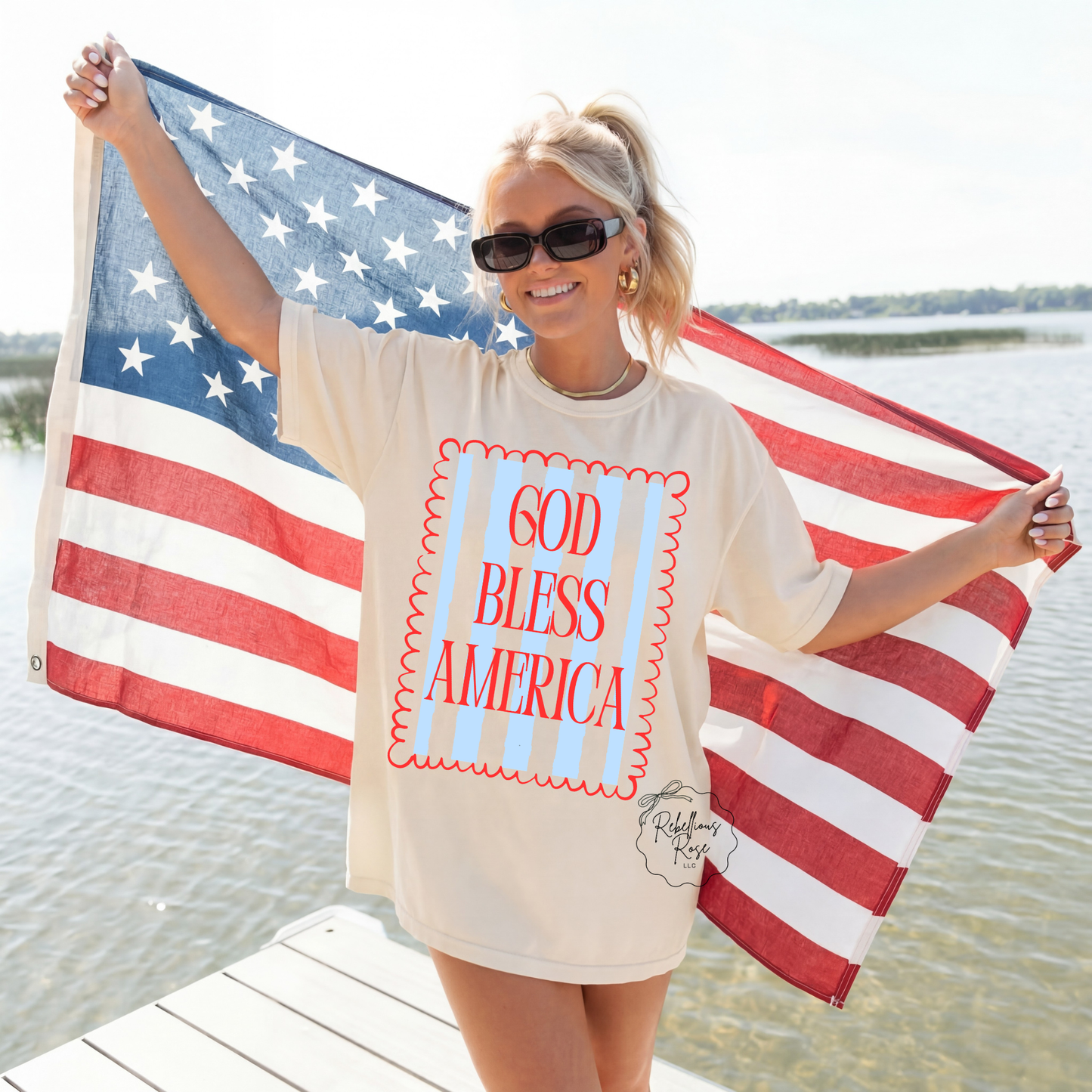 Rebellious Rose LLC - God Bless America Fourth of July Graphic T-shirt: XL Rebellious Rose LLC