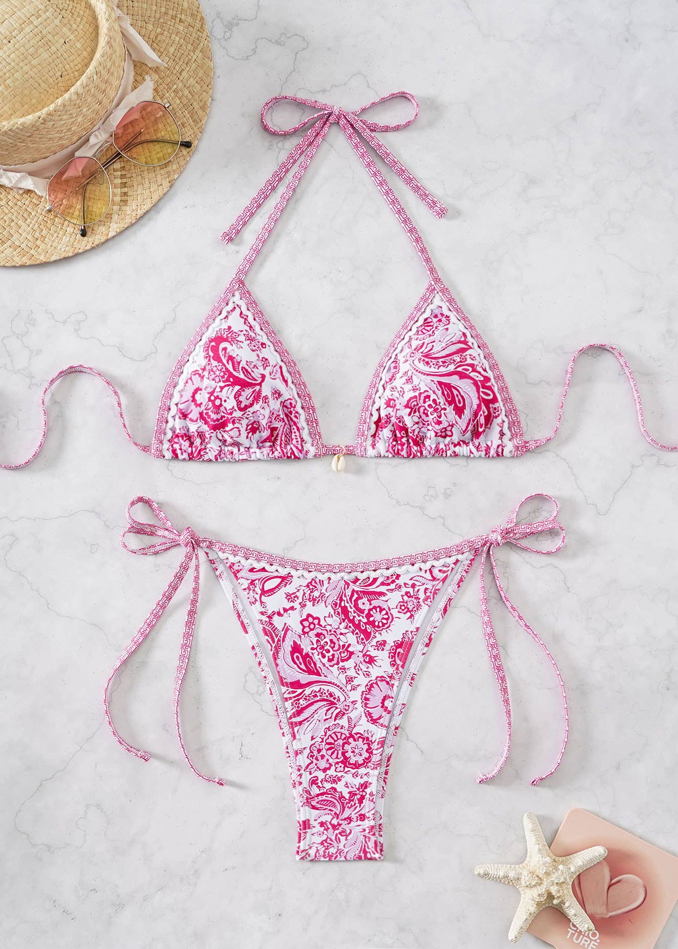 Rosa Clothing - Bohemian Print Lace-Up Sexy Bikini Split Swimsuit Set: Pink / L Rosa Clothing