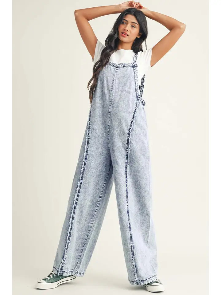 Light Wash Frayed Exposed Seam Wide Leg Denim Overall Little Daisy Closet