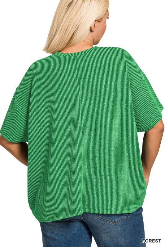 Vanilla Monkey - Plus Raised Rib Short Sleeve Front Pocket Top: BROWN / 3-2(1X/2X-2X/3X) Vanilla Monkey