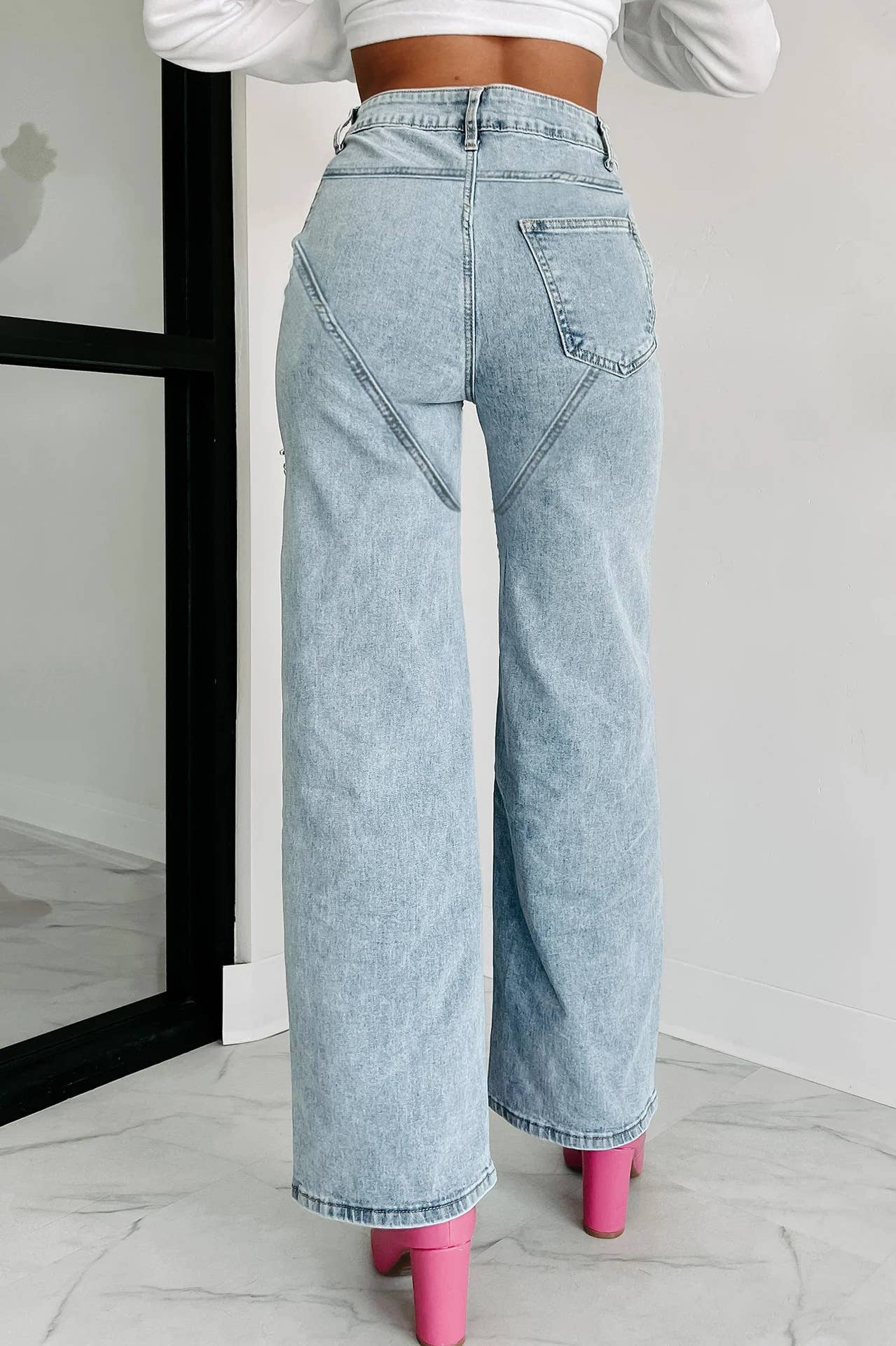 Little Trendy - Wide Leg Jeans Rhinestones Cutout High Waist Denim trousers: 1 / XL Little Trendy