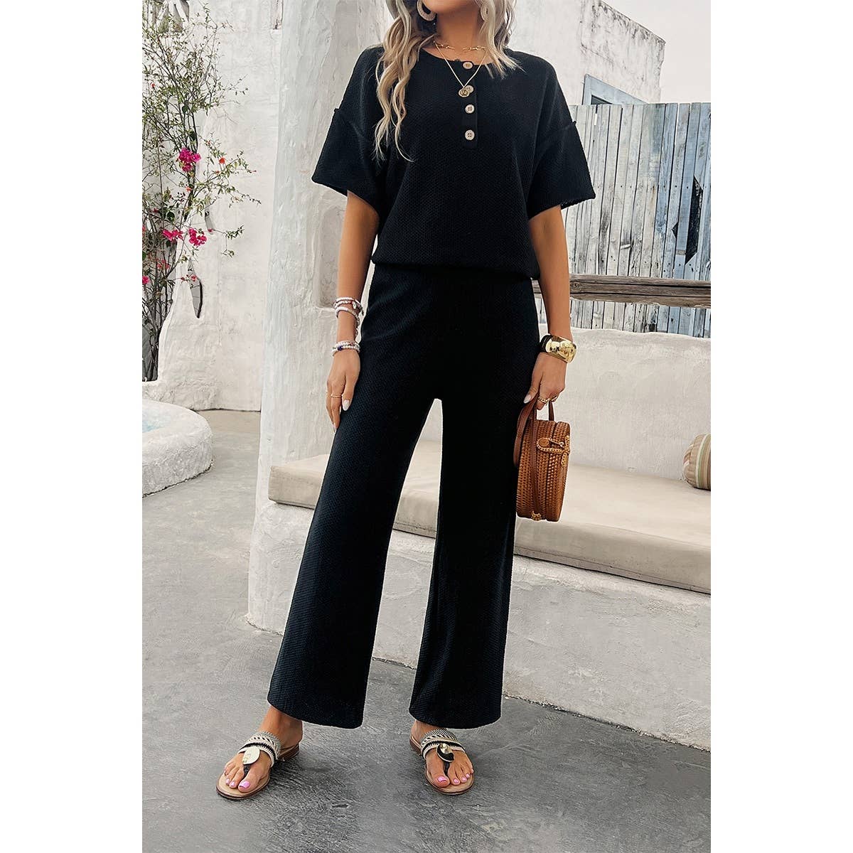 Supreme Fashion - Knit Button Tirm Fit Two Pieces Elastic Waist Sets: BLACK / M Supreme Fashion