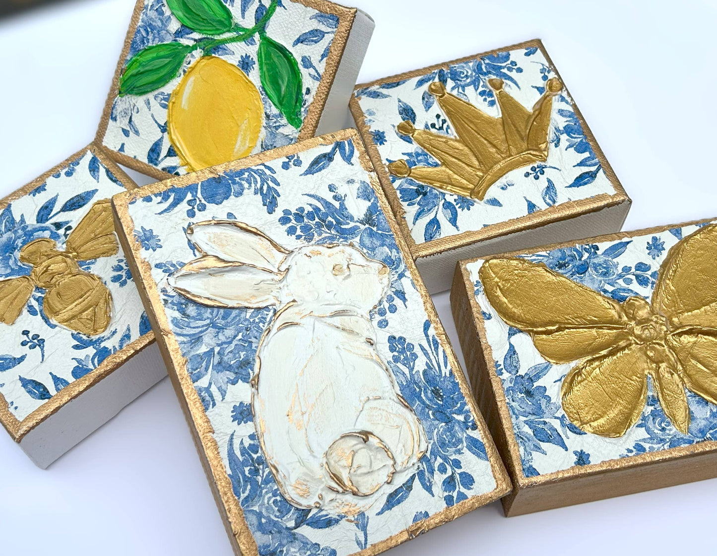 Coddiwomple - Chinoiserie Art Blocks | botanicals blue white bridal tea: 4x5 butterfly Coddiwomple