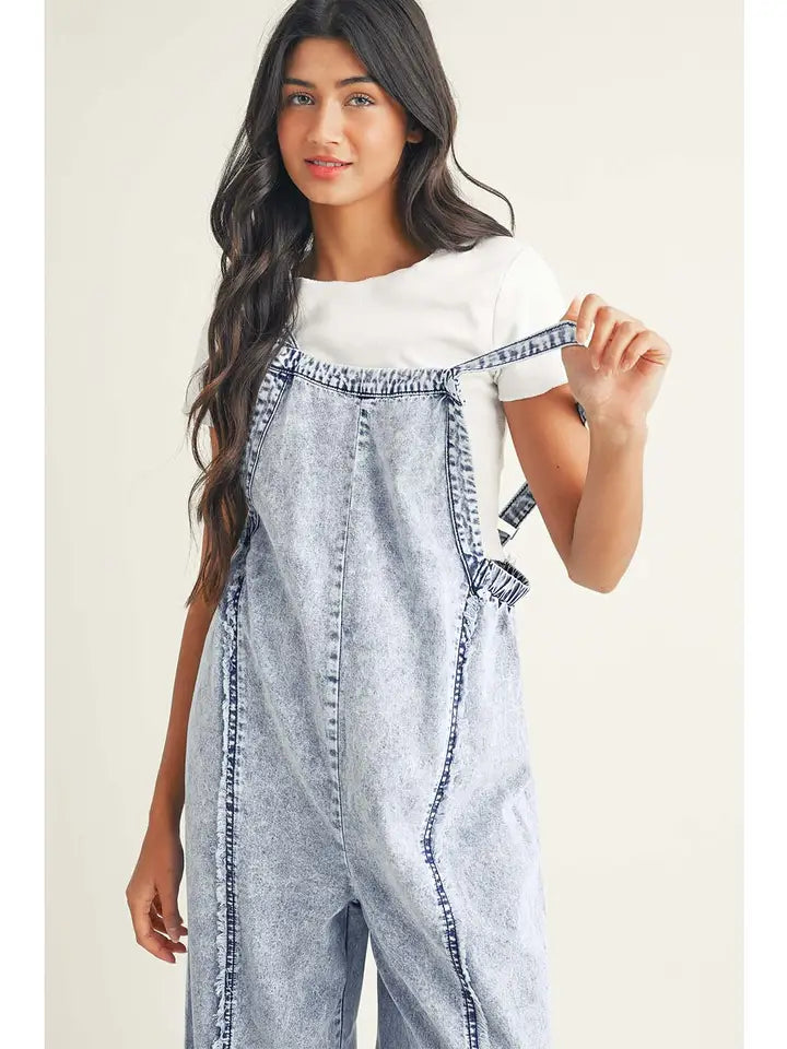 Light Wash Frayed Exposed Seam Wide Leg Denim Overall Little Daisy Closet