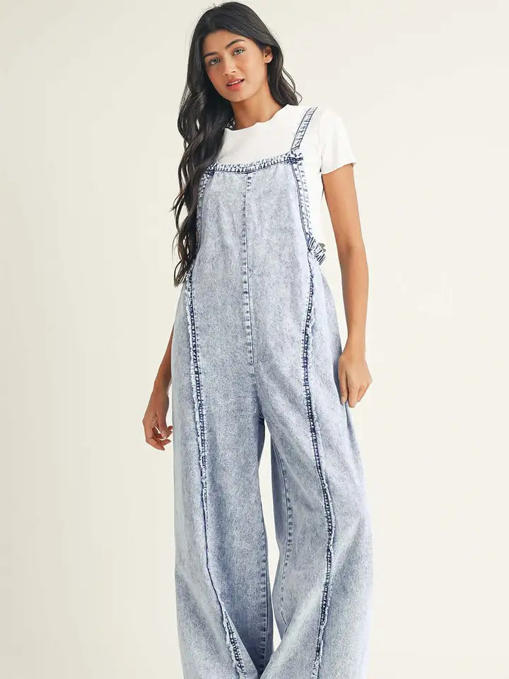Light Wash Frayed Exposed Seam Wide Leg Denim Overall Little Daisy Closet