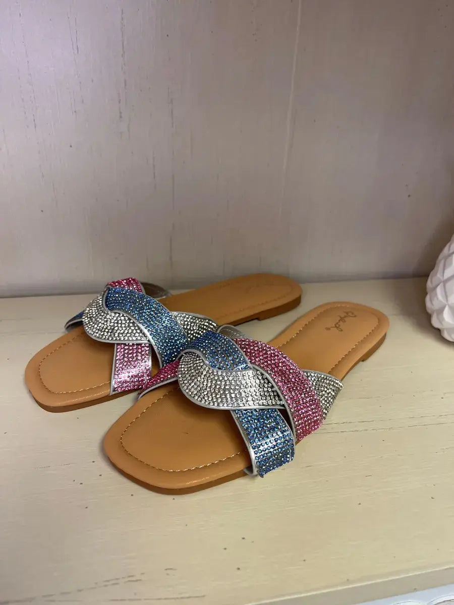 QUPID Pink & Blue Rhinestone Knot Sandal