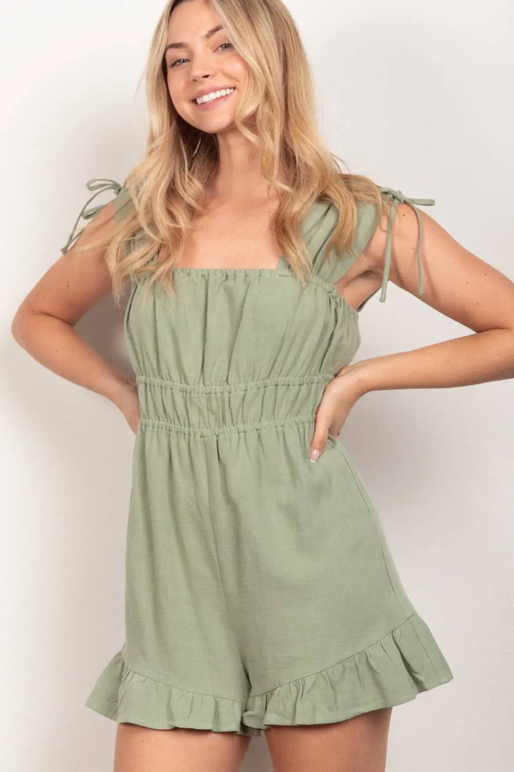 VERY J - NP70368-Sleeveless Ruffle Cute Solid Woven Romper VERY J