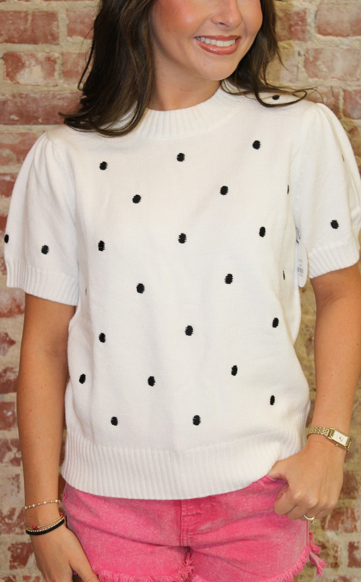 LA Society White Elegant Polka Dot Bubble Short Sleeve Sweater Top LA Society