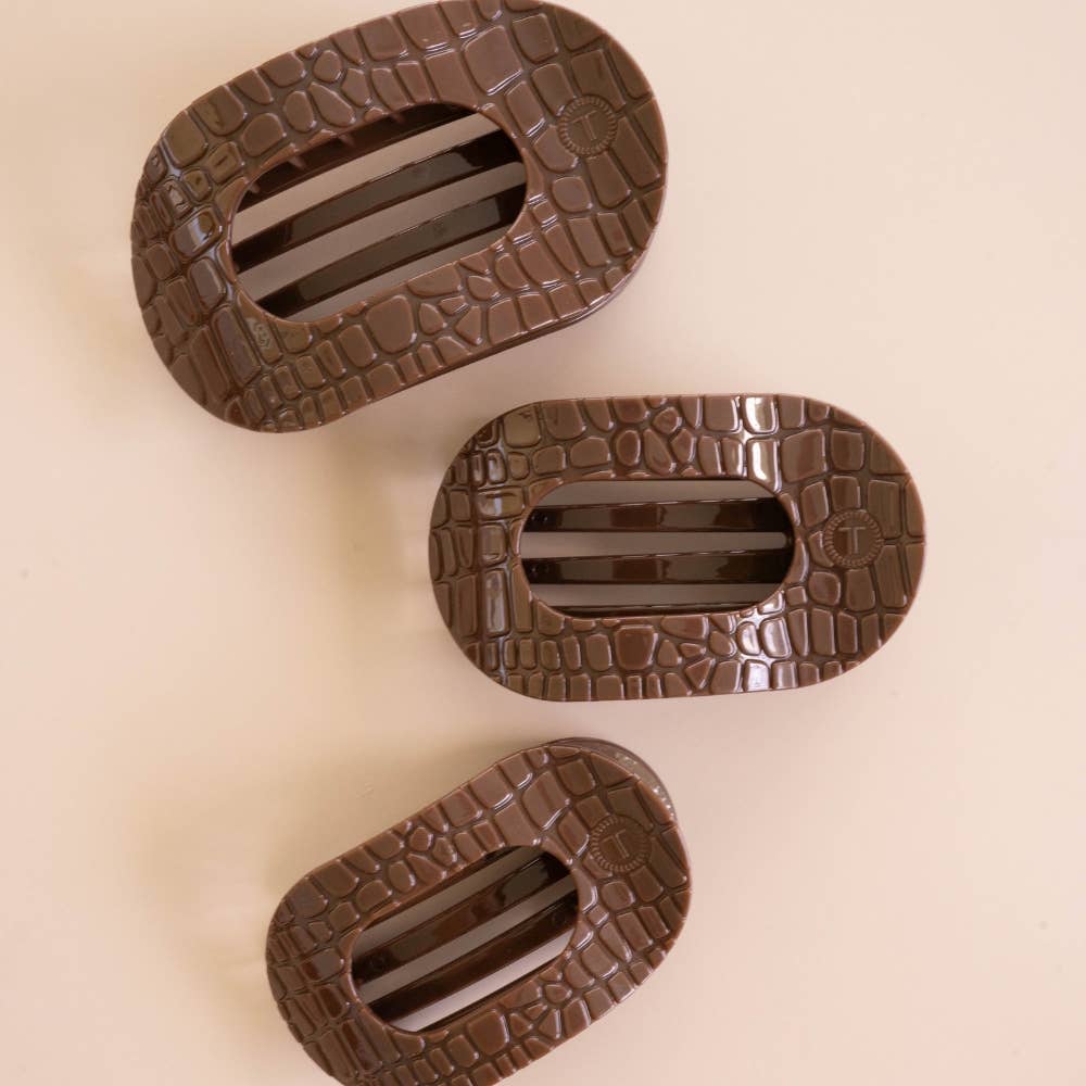 TELETIES - Brown Crocodile Large Flat Round Hair Clip TELETIES