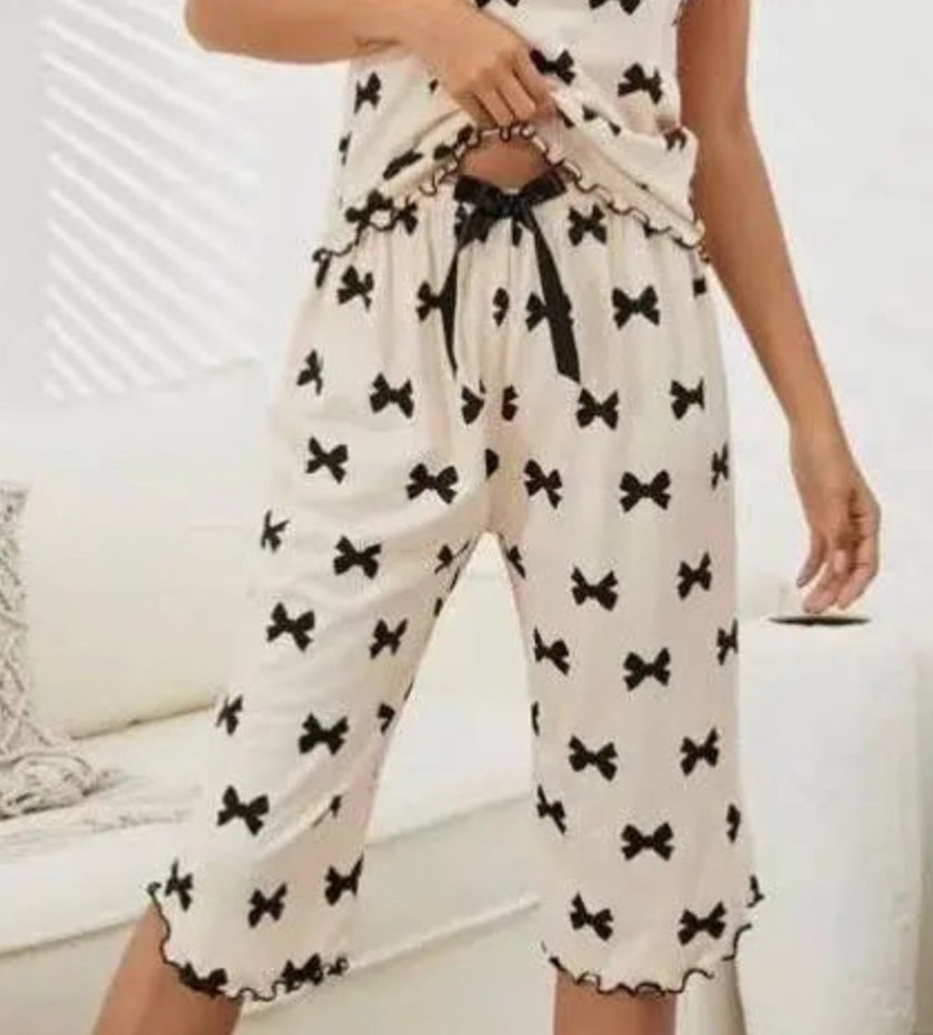 Cream Bow Pajama Tank Top And Cropped Pants Set Miss Sparkling