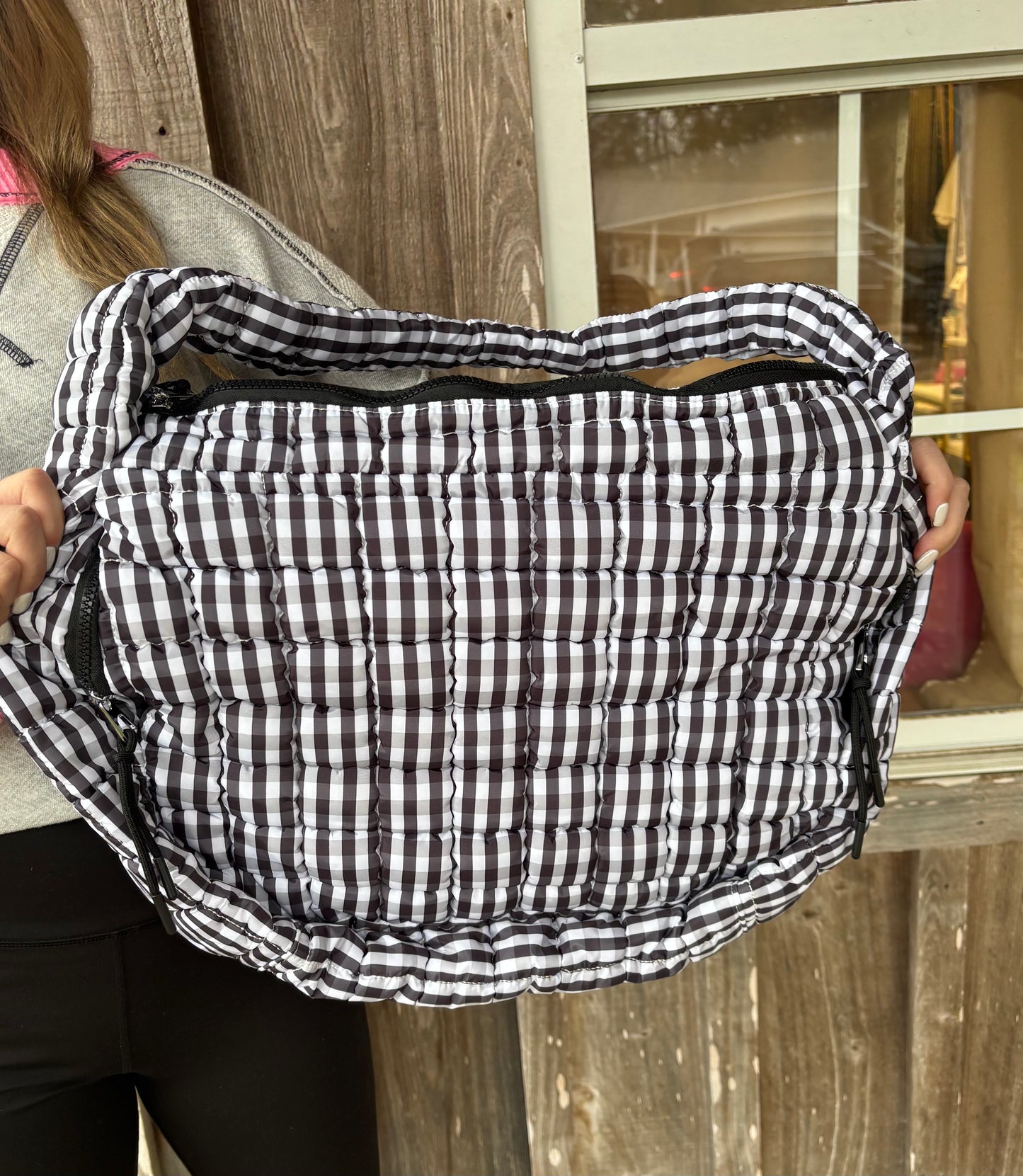 Lulu Mac Black And White Gingham Puffer Quilted Handbag