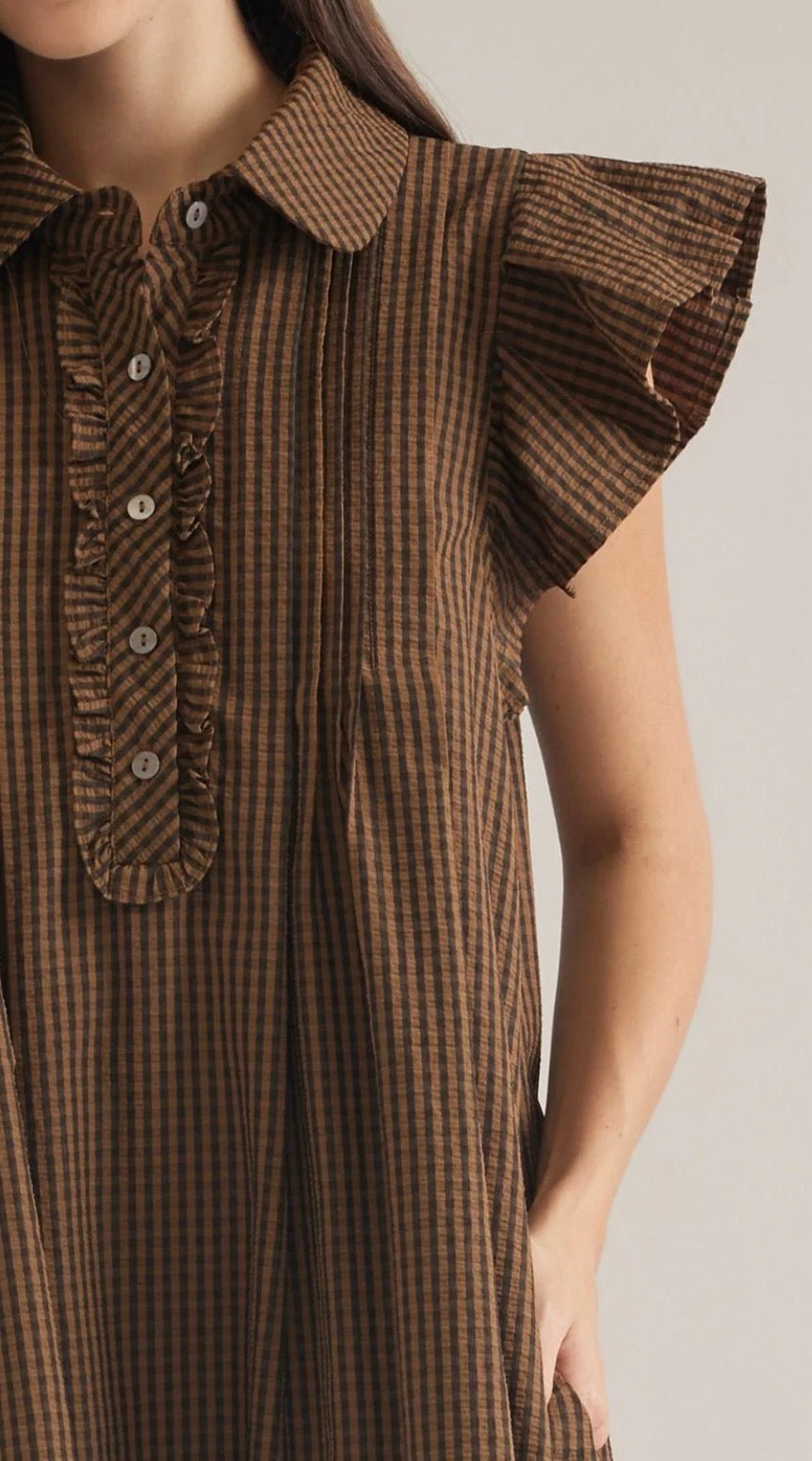 Entro Dark Mocha Gingham Ruffle Sleeve Dress SOUTHERN SUNDROP BOUTIQUE