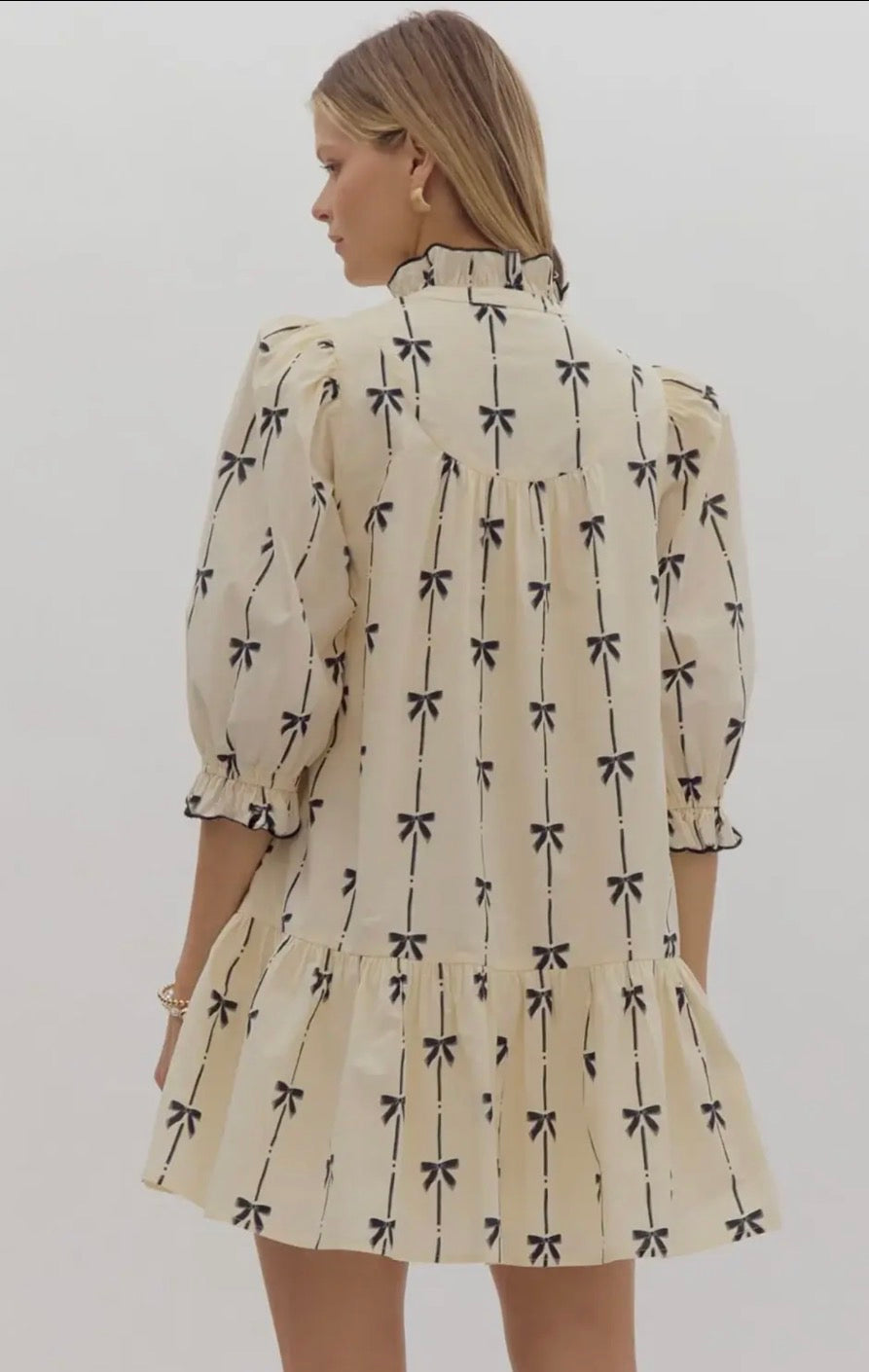 Beige Cute Bowknot Printed Bubble Sleeve V Neck Mink Dress Lovesoft