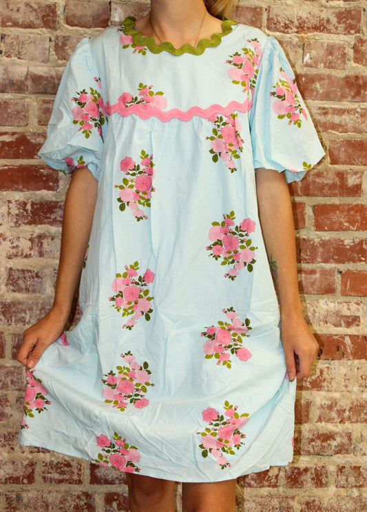 LA Society Sky Blue Floral Ricrac Detail Bubble Sleeve Dress LA Society