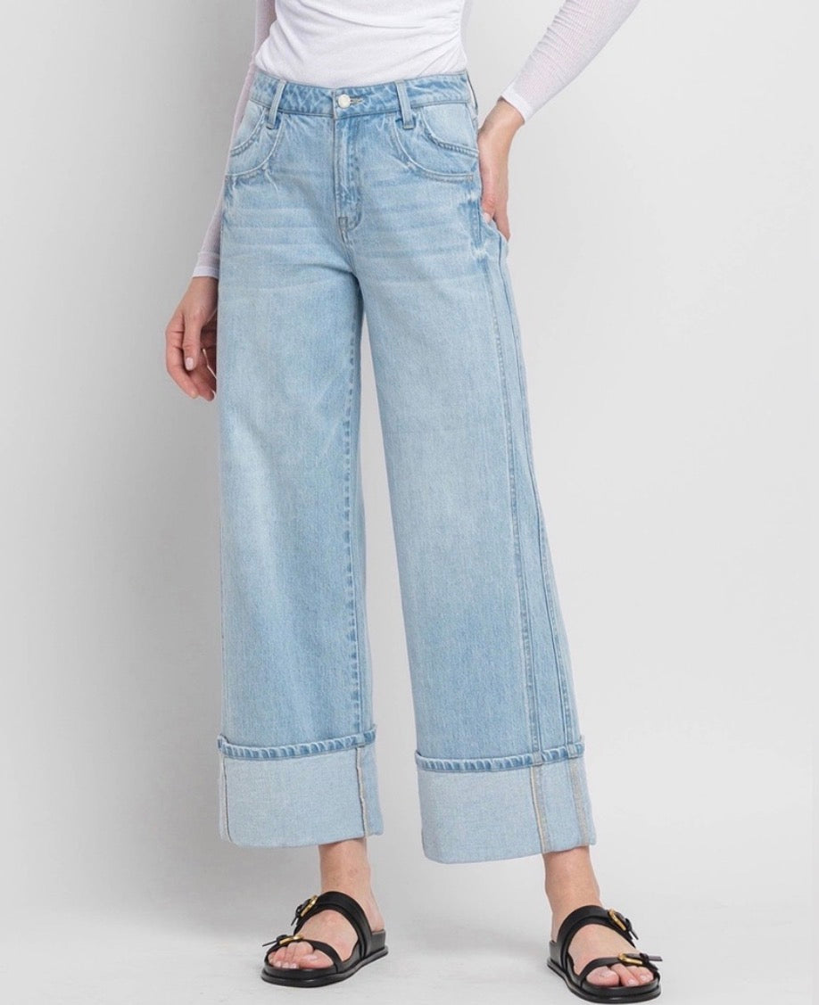 SUPER HIGH RISE CUFFED BAGGY WIDE JEANS STREAMLINED VERVET by FLYING MONKEY