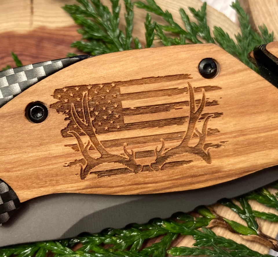 Quail Tail Laser Art - Flag with Antlers Knife Quail Tail Laser Art