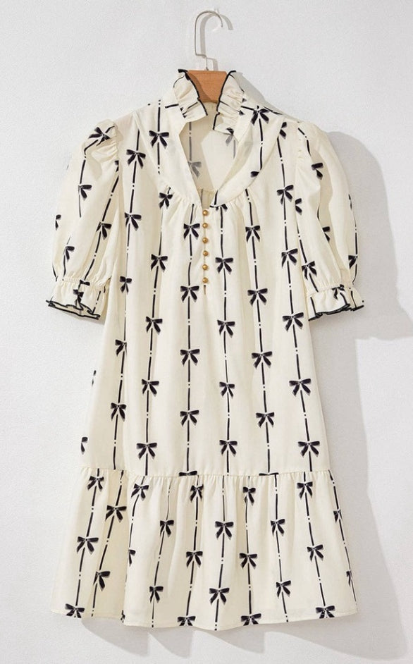 Beige Cute Bowknot Printed Bubble Sleeve V Neck Mink Dress Lovesoft