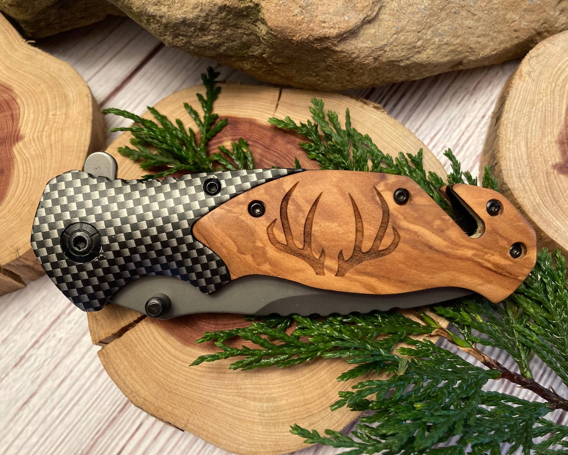 Quail Tail Laser Art - Deer Just Antlers Knife Quail Tail Laser Art