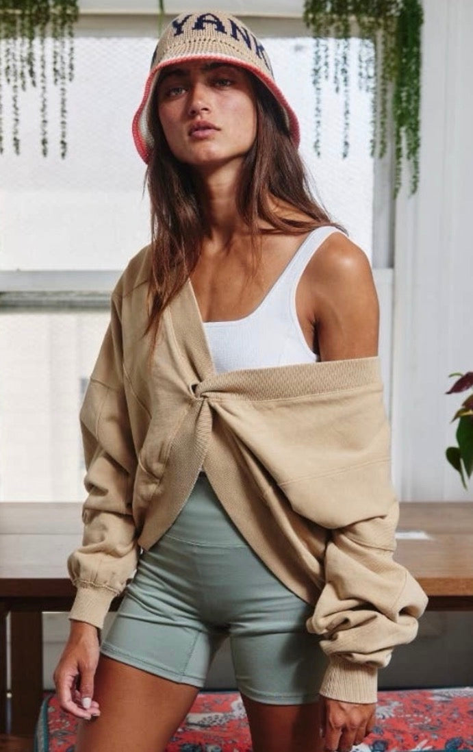 BUCKETLIST Taupe Reversible Twist-Front Washed Terry Sweatshirt Top BUCKETLIST