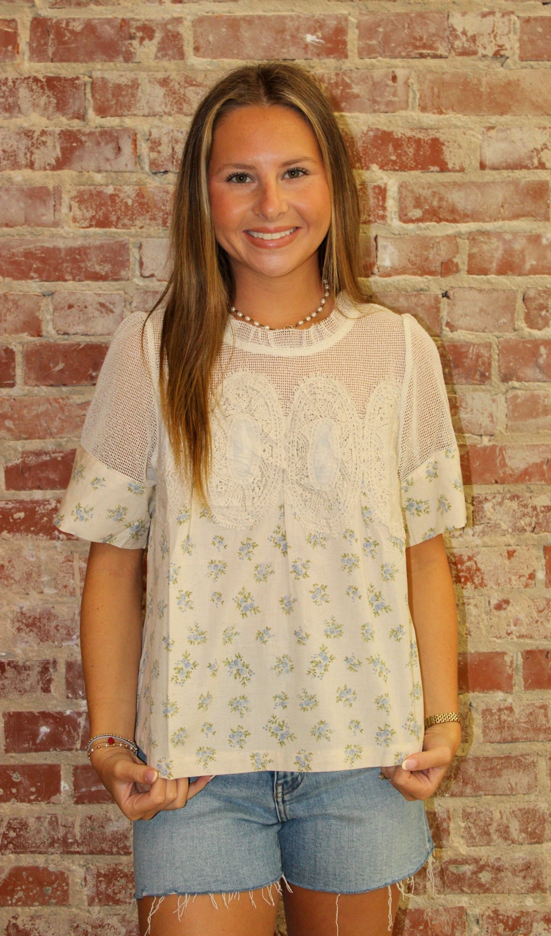 So Me BLUE FLORAL PRINT LACE TRIM COTTON BLOUSE TOP So Me