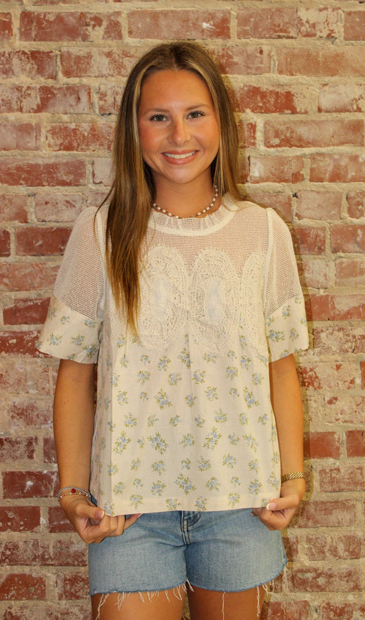 So Me BLUE FLORAL PRINT LACE TRIM COTTON BLOUSE TOP So Me