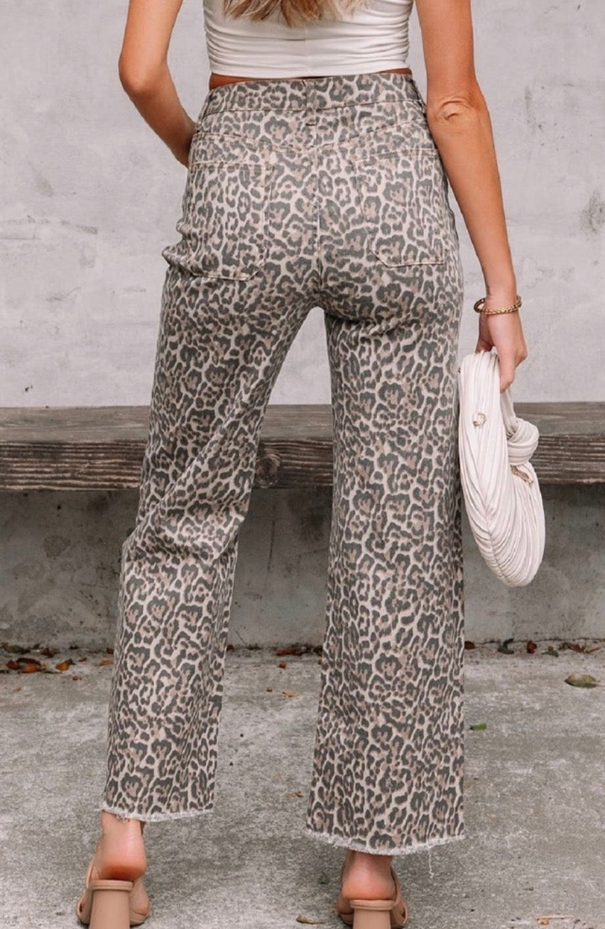 Leopard Frayed Edge Wide Leg High Waist Jeans Babs + Birdie