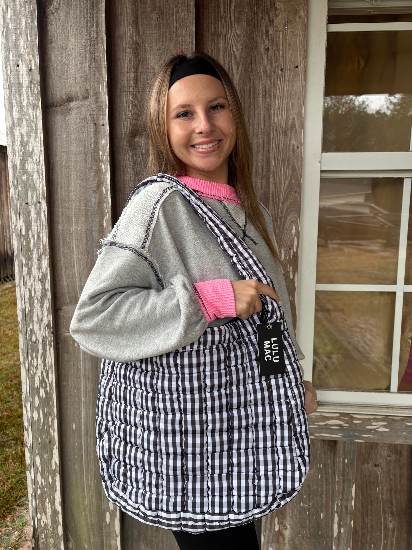 Lulu Mac Black And White Gingham Puffer Quilted Handbag