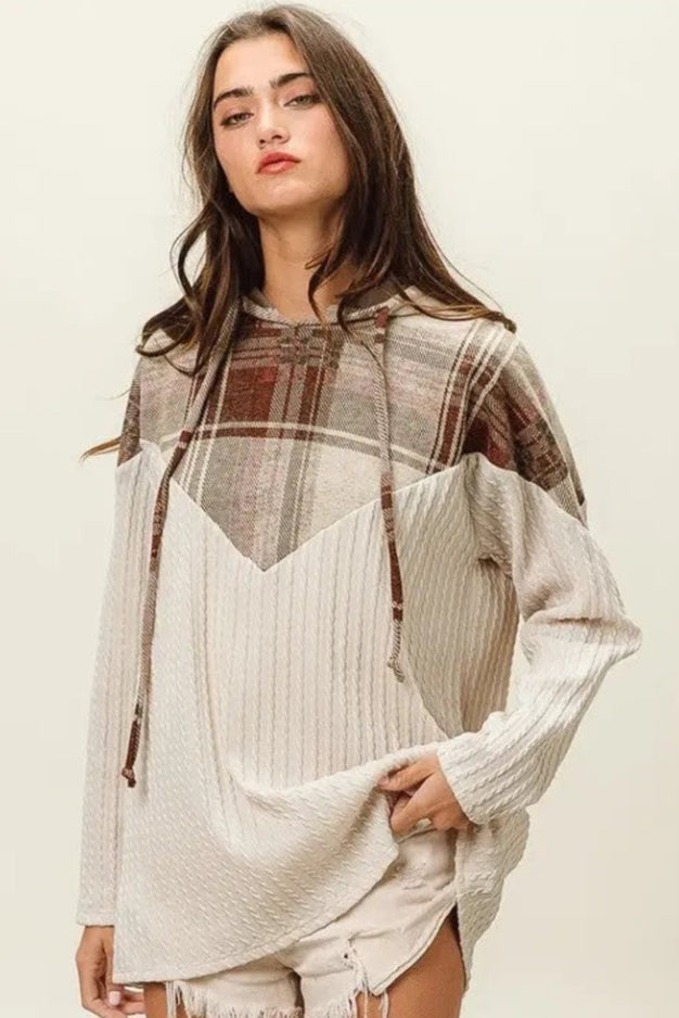 BIBI PLAID BRUSH KNIT CONRAST CABLE KNIT HOODIE BIBI