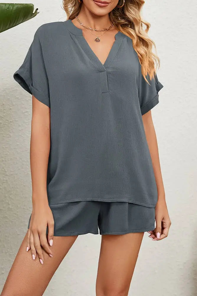 UNISHE - V Neck Plain Two Pieces Short Set HLL058 UNISHE