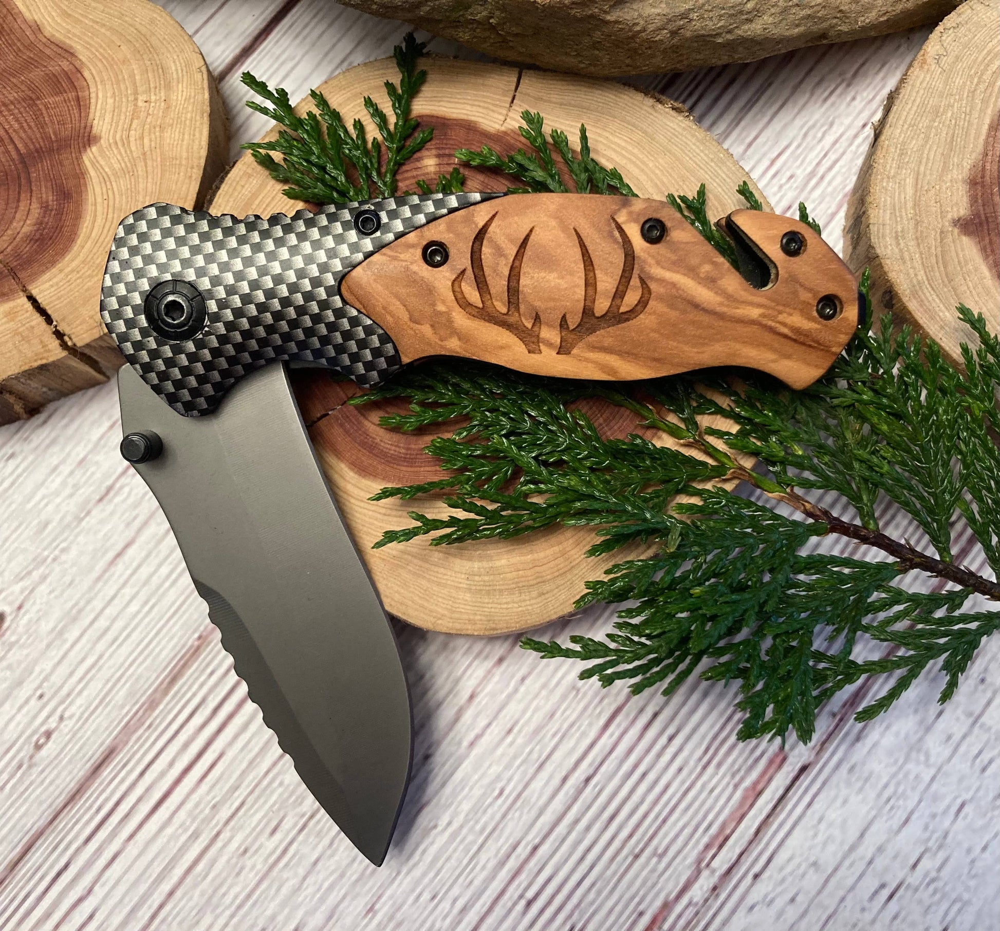 Quail Tail Laser Art - Deer Just Antlers Knife Quail Tail Laser Art