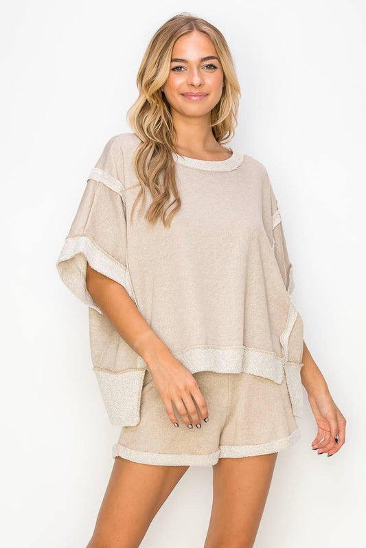 J.Her - Oversize Reverse Contrast Banded Top HT4028: Taupe / S-M-L / 2-2-2 J.Her