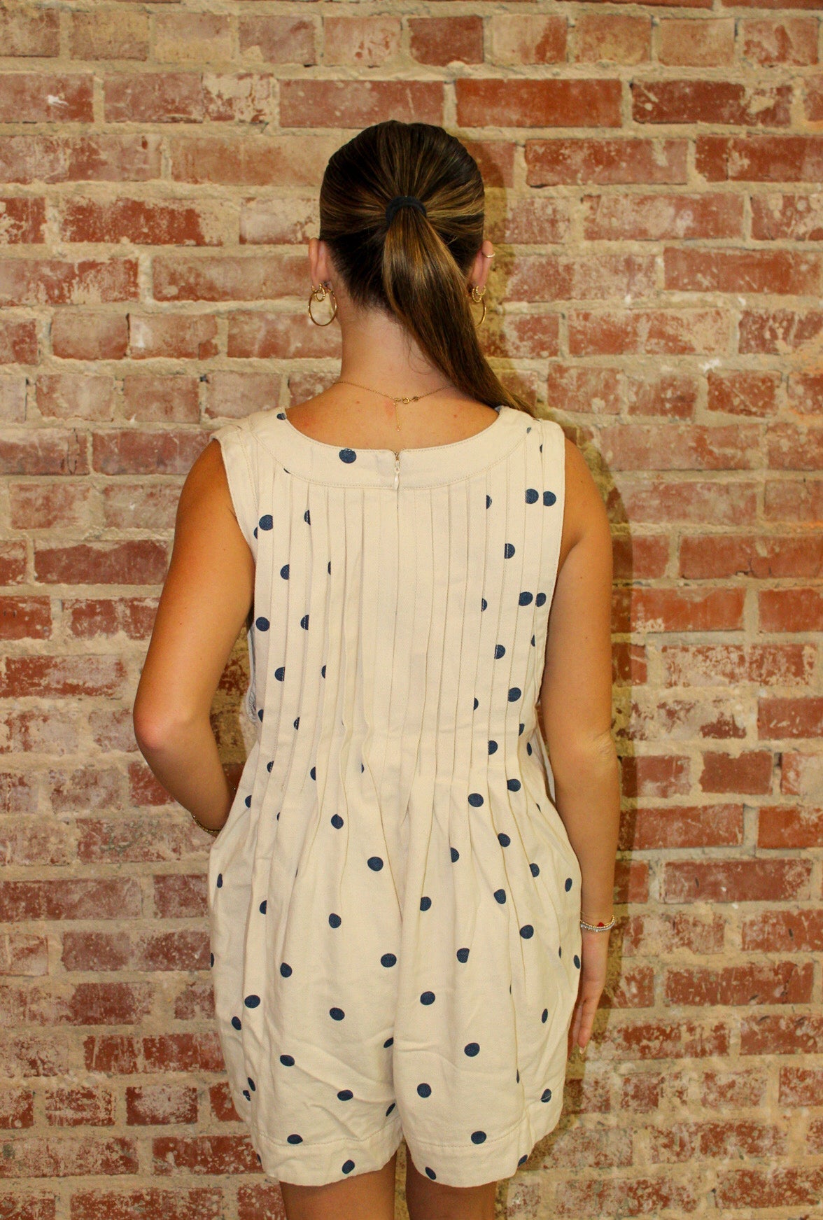 Veveret Blue Polka Dot  Printed Pleated V Neck Sleeveless Denim Romper Veveret