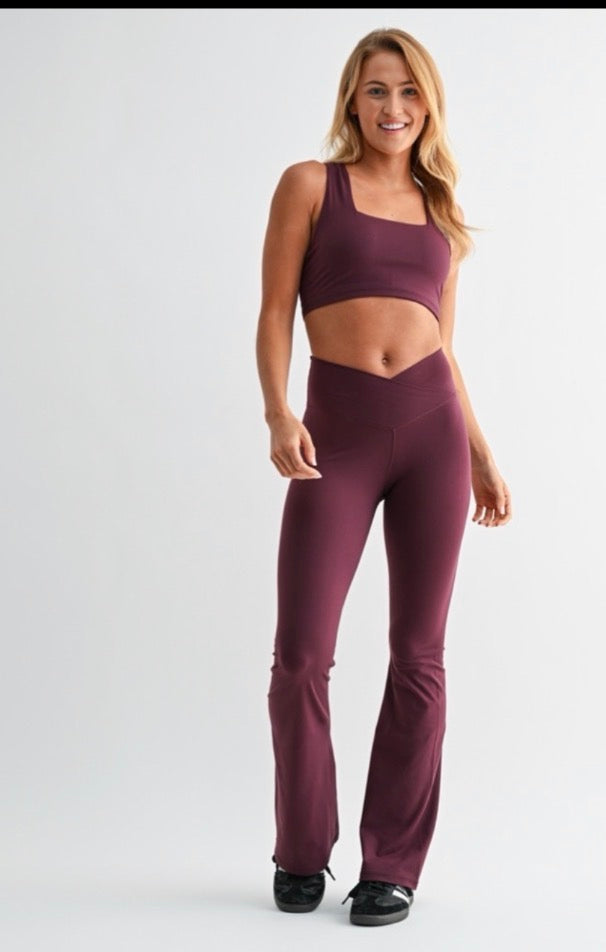 Mono B Dark Plum Fleece Mock Neck Sweater &  Crossover Waist Yoga Pants Set Mono B