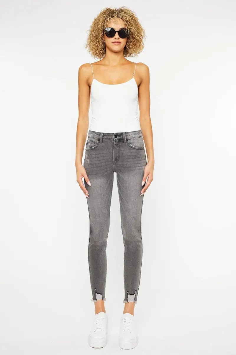 Kan Can High Rise Hem Detail Ankle Skinny Distress Jeans