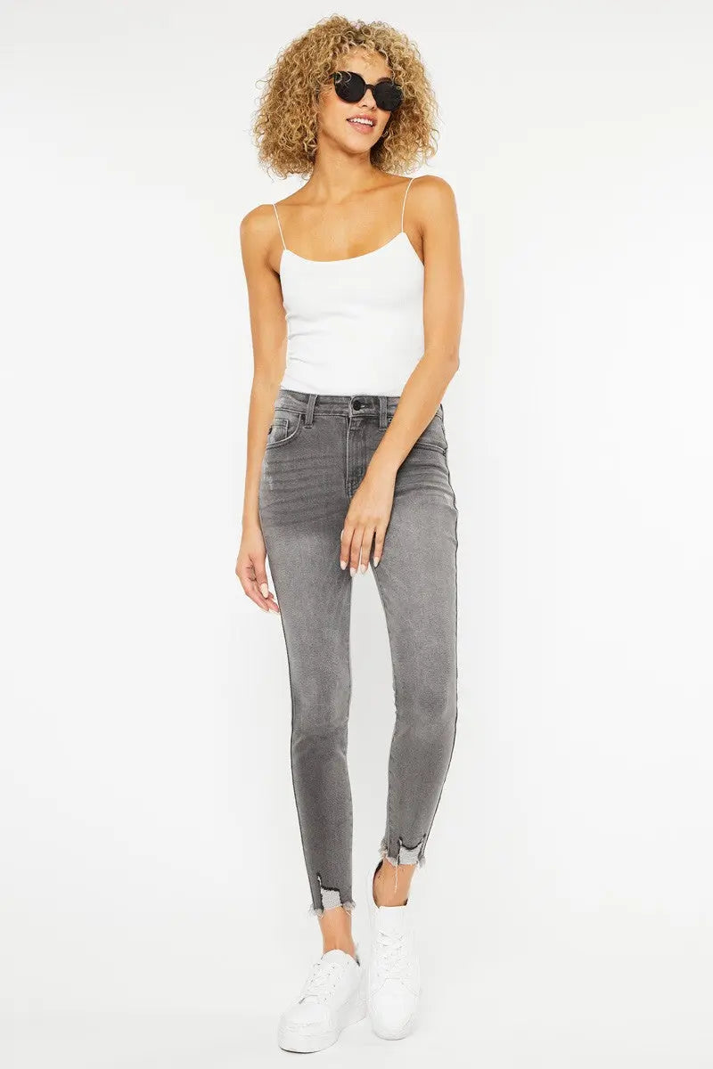 Kan Can High Rise Hem Detail Ankle Skinny Distress Jeans