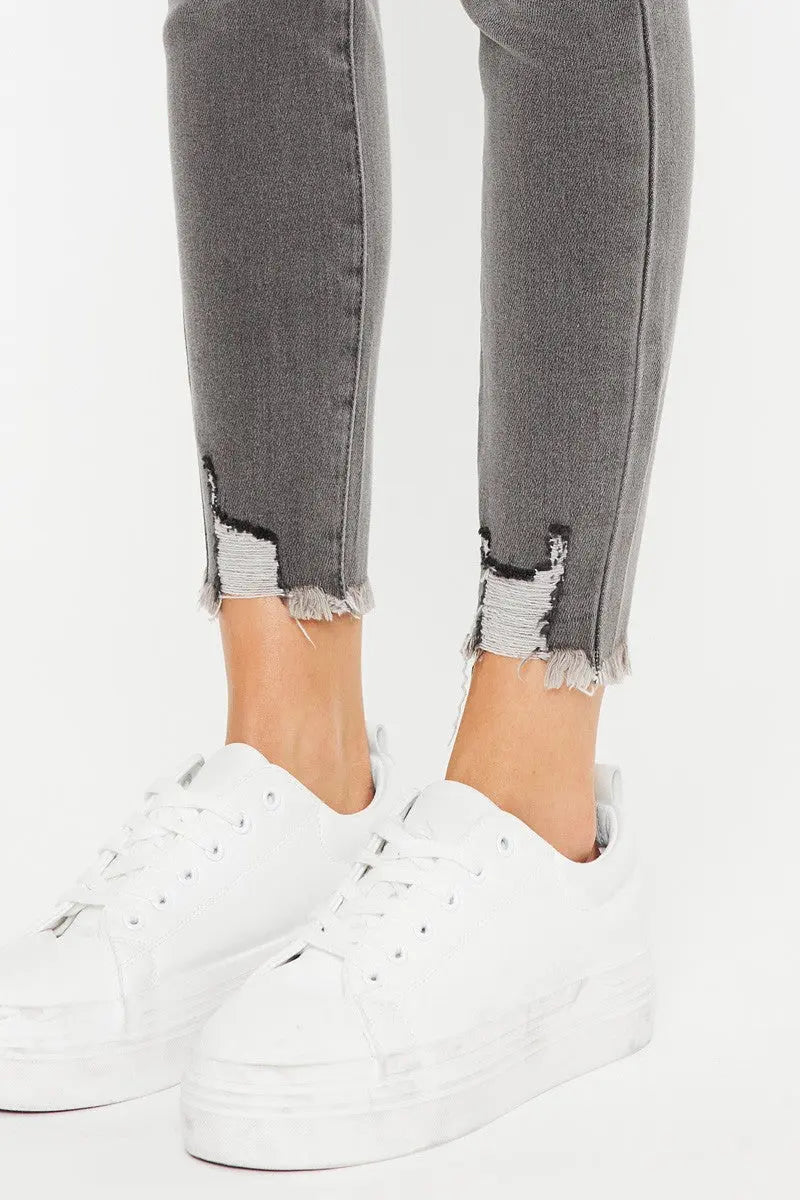 Kan Can High Rise Hem Detail Ankle Skinny Distress Jeans