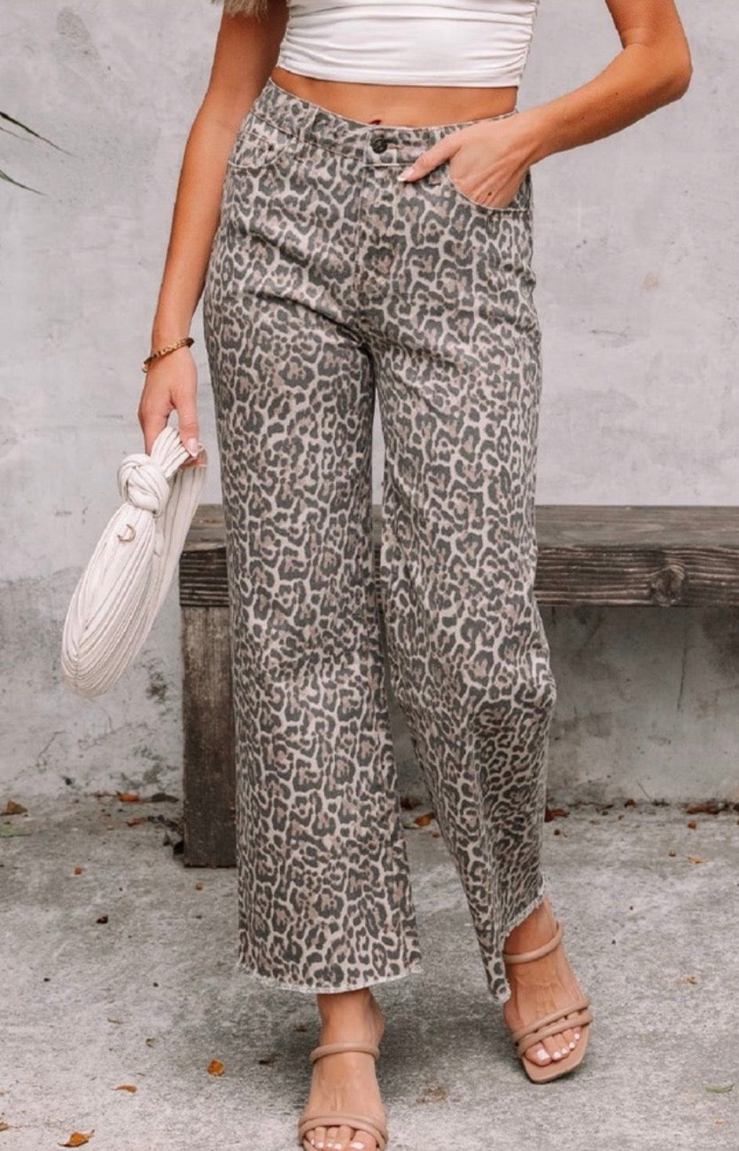 Leopard Frayed Edge Wide Leg High Waist Jeans Babs + Birdie