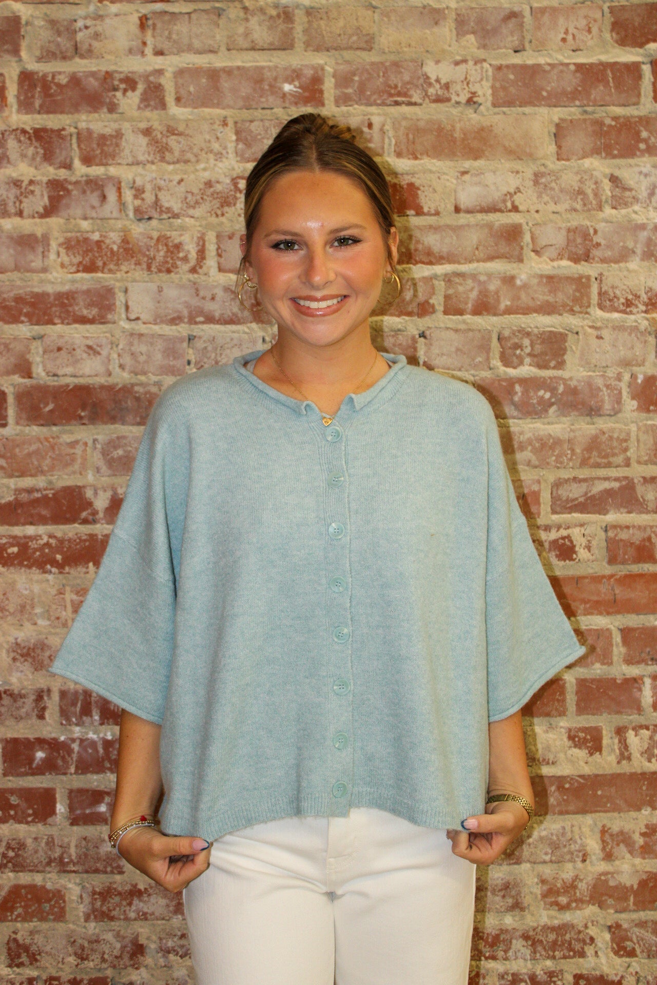 BLU PEPPER DUSTY BLUE RAW EDGE SHORT SLEEVE BUTTON DOWN BOXY CARDIGAN Blu Pepper