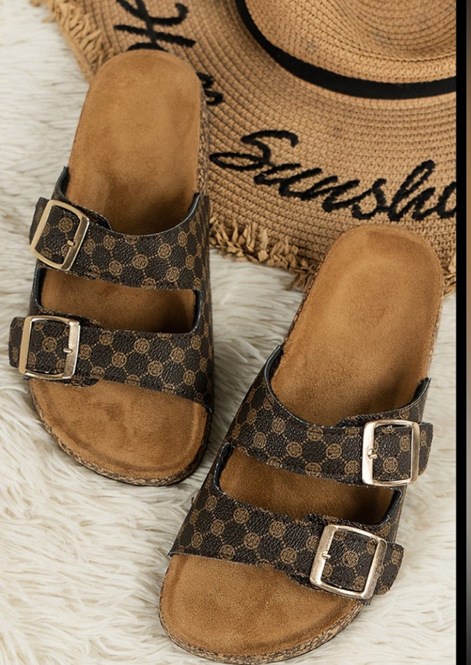 Geometric Print Cut Out Buckle PU Leather Flat Slippers Little Daisy Closet
