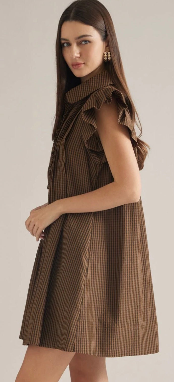 Entro Dark Mocha Gingham Ruffle Sleeve Dress SOUTHERN SUNDROP BOUTIQUE