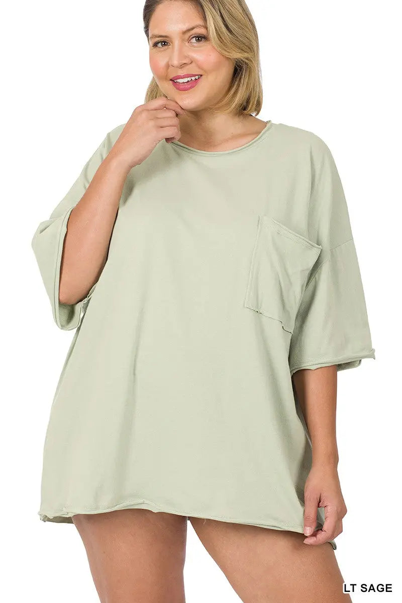 PLUS COTTON OVERSIZED RAW EDGE BOYFRIEND TEE zenana