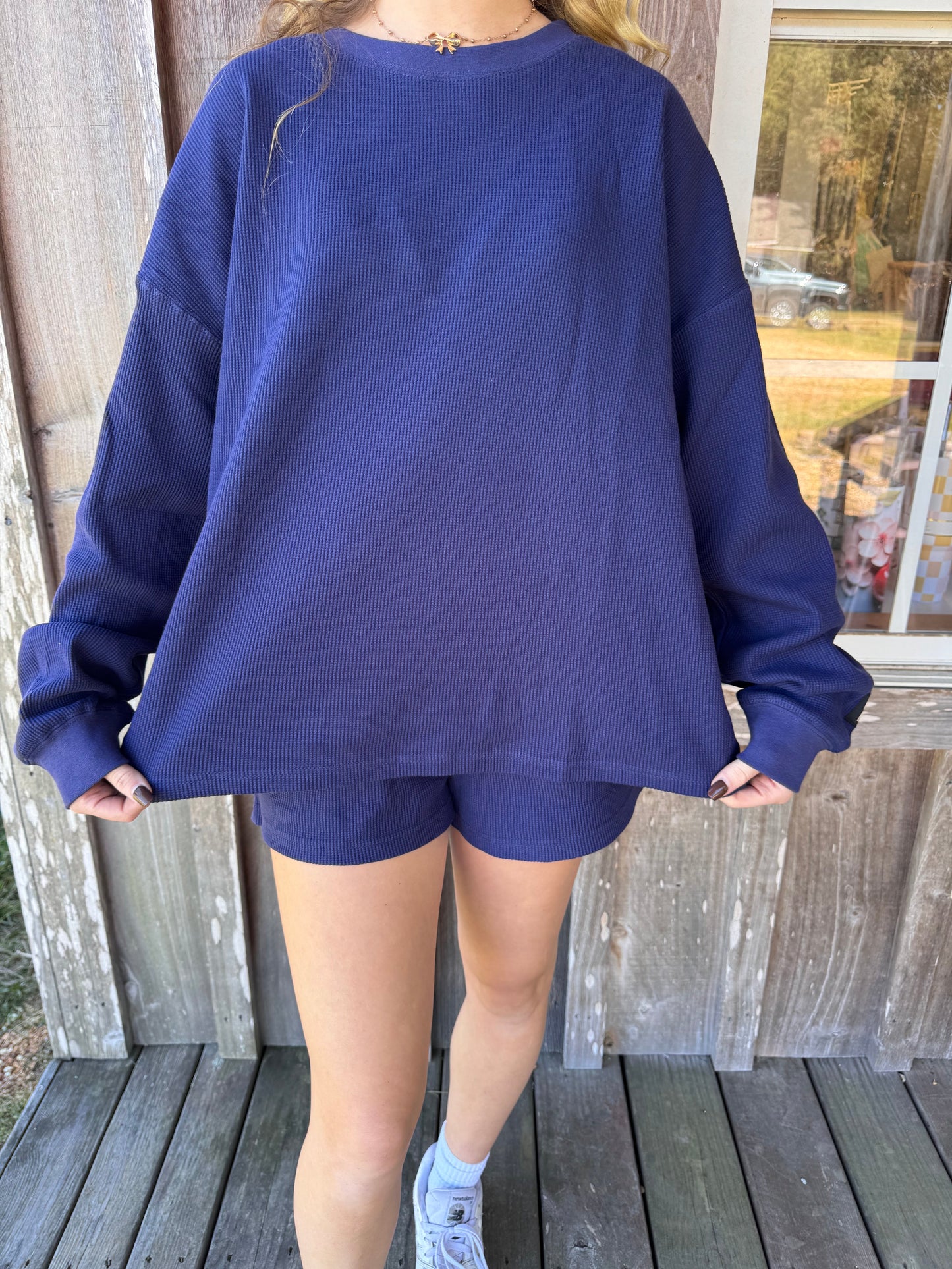 Lulu Mac Navy Waffle Knit Long Sleeve Sweater Top Girlie Girl Originals